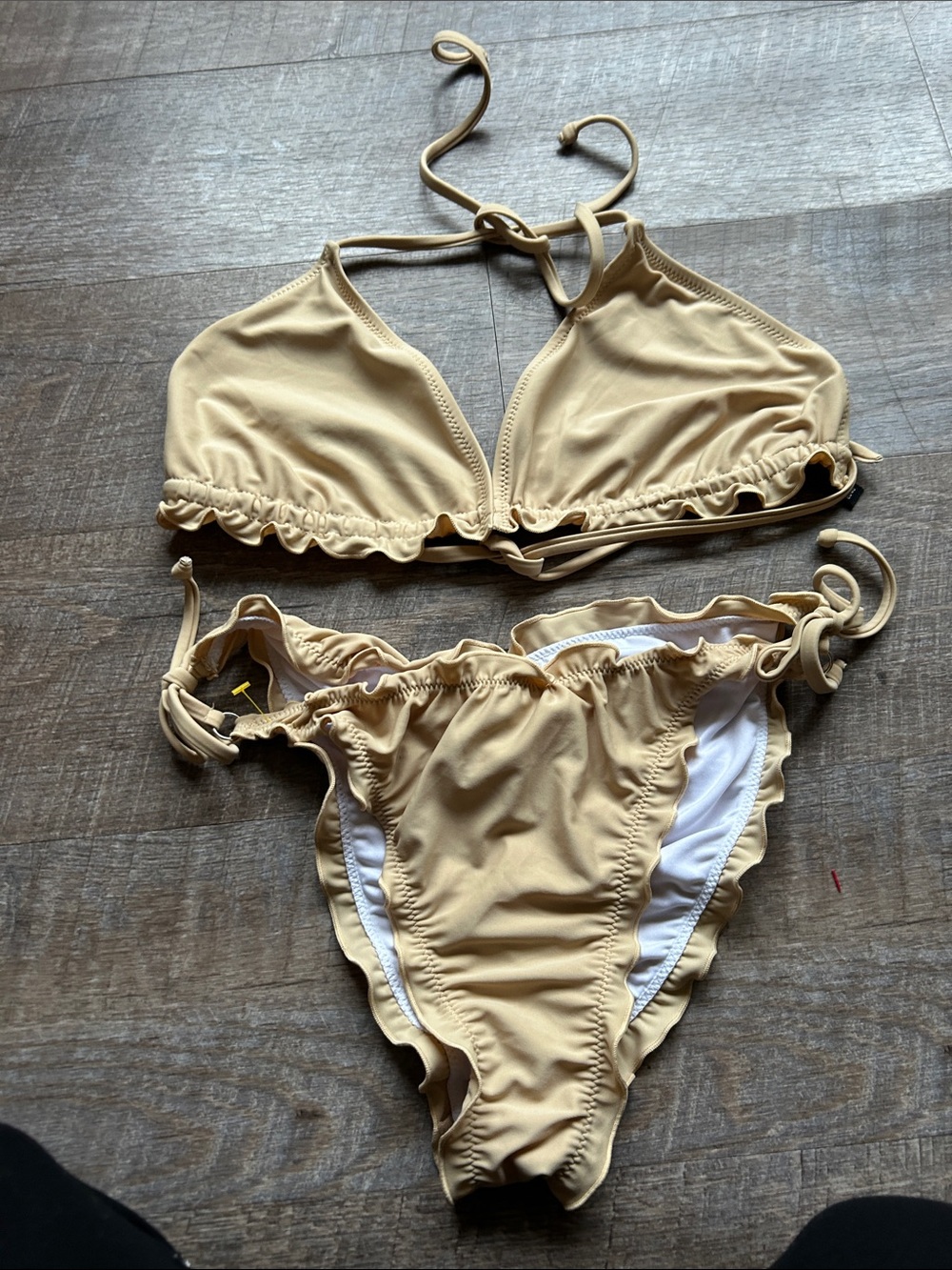 PrettyLittleThing Beige Ruffle Triangle Bikini